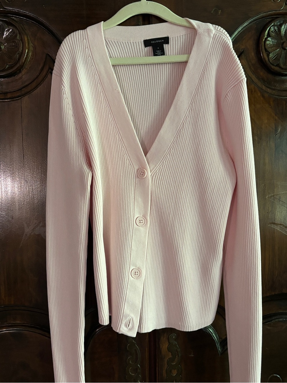 Halogen Light Pink Ribbed V-Neck Button Cardigan